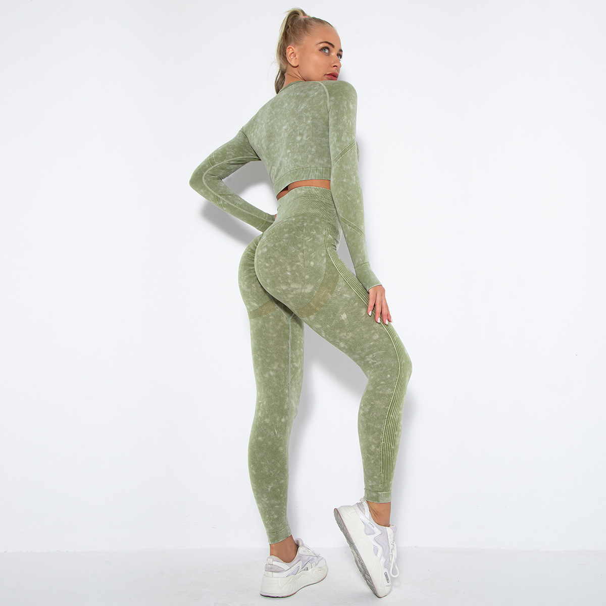 Seamless Long-Sleeve Washed Yoga Sports Set MMT006 - Image 3