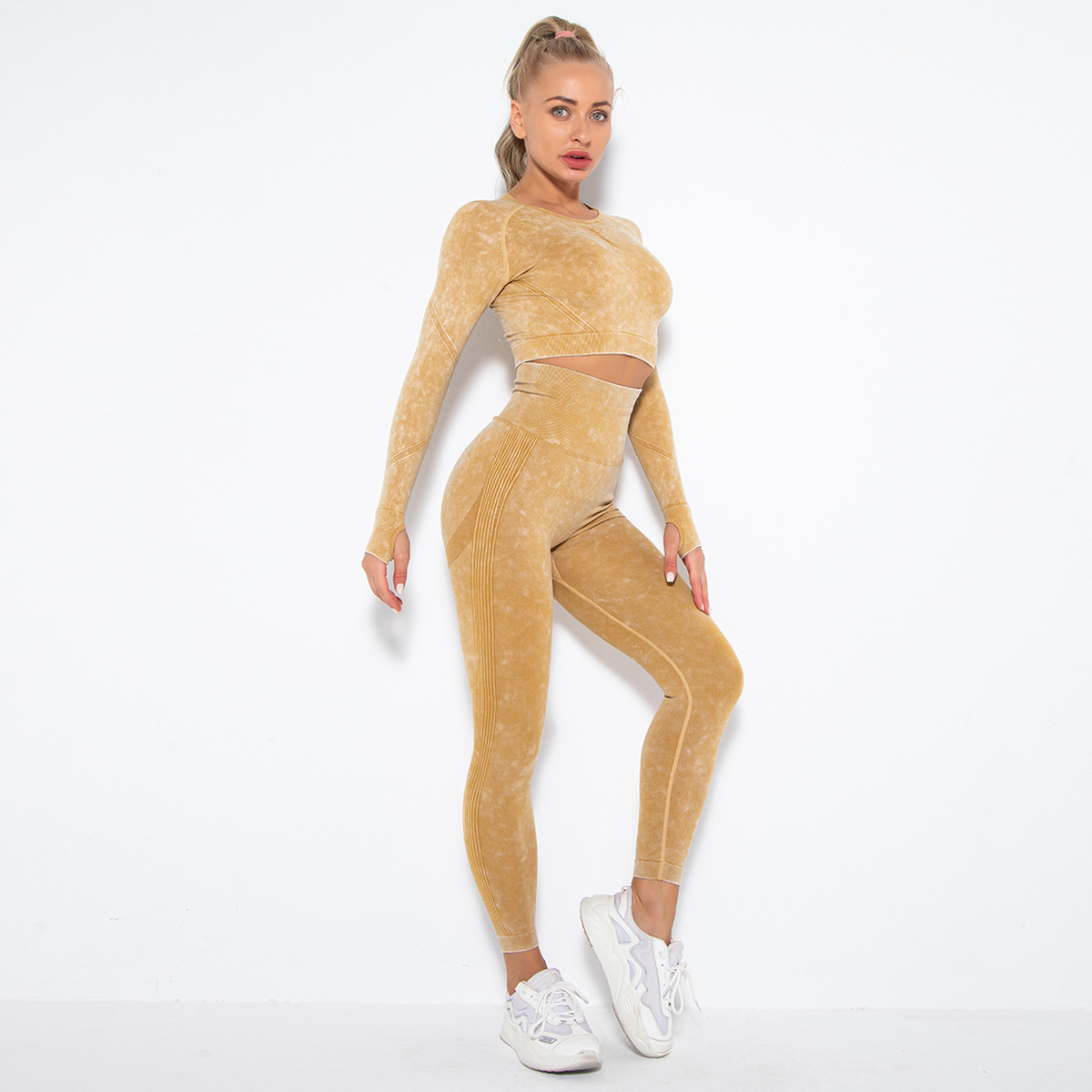 Seamless Long-Sleeve Washed Yoga Sports Set MMT006